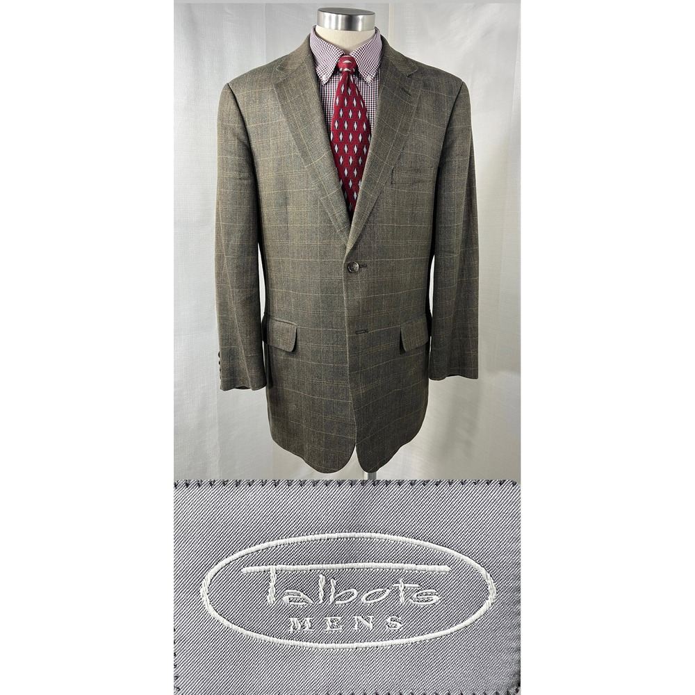 Vtg Talbots Mens Brown Plaid Two Button Blazer 44R Windowpane Notch Lapel